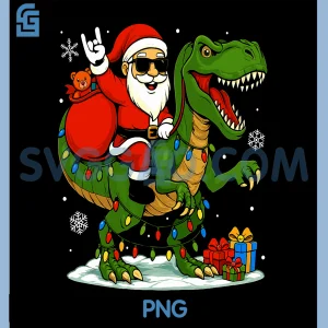 Santa Riding Dinosaur T Rex PNG, Christmas Santa Dinosaur PNG
