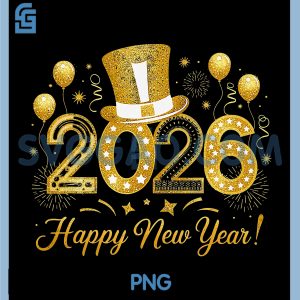 Happy New Year Gold 2026 PNG, Tophat And Balloons PNG