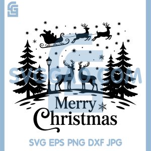 Merry Christmas Reindeer Scene SVG, Santa Sleigh Winter Art SVG