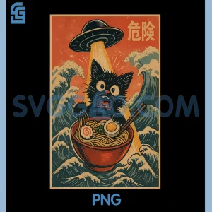Black Cat Ramen Alien UFO Funny PNG, Japanese Kawaii Anime Funny PNG