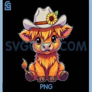 Cute Highland Cow PNG, Cowboy Hat Sunflower Western PNG