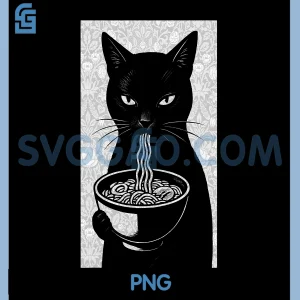 Ramen Cat Black And White PNG, Japanese Noir Illustration PNG