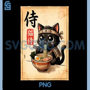 Samurai Black Cat Eating Ramen PNG, Japanese Manga Style PNG