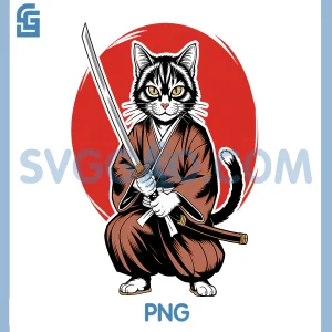 Samurai Ninja Cat Japanese Art PNG, Kawaii Anime Retro Aesthetic PNG