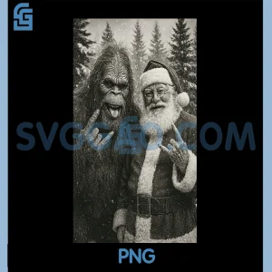 Funny Bigfoot & Santa Claus PNG, Rock On Hand Sign Xmas Selfie PNG