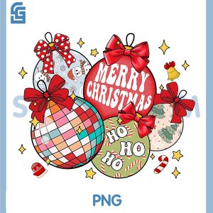 Merry Christmas Ornaments PNG, Disco Ball Coquette Bow PNG, Xmas Tree PNG