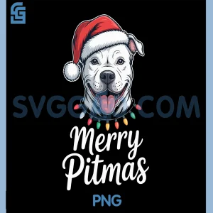 Merry Pitmas Pitbull Dog PNG, Christmas Lights Santa Hat PNG