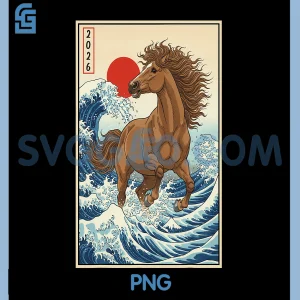 2026 Year of The Horse PNG, Japanese Wave Art Lunar PNG, New Year 2026 PNG