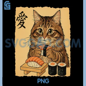 Cat Eating Sushi PNG, Funny Japanese Art PNG, Vintage Style Cat PNG