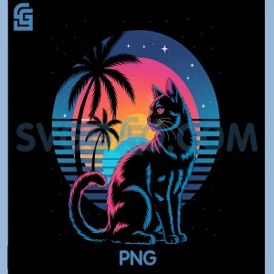 Cat Retrowave Aesthetic PNG, Synthwave 80s Palm Tree PNG