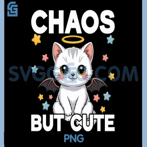 Chaos But Cute PNG, Kawaii Kitten with Bat Wings and Halo Stars PNG