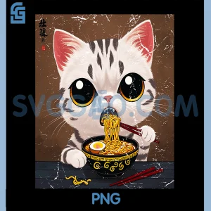 Distress White Cat With A Bowl Of Ramen PNG, Noodles Japanese Art PNG