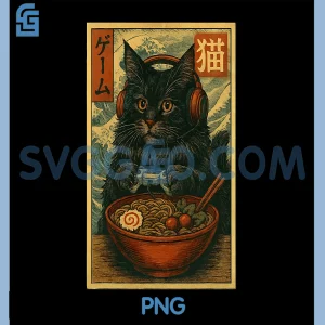 Fun Kawaii Gamer Cat PNG, Funny Ramen Retro Japanese PNG, Cat Gaming PNG