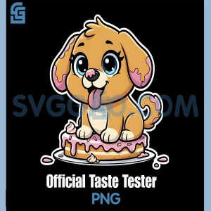 Official Taste Tester PNG, Funny Dog Sitting on a Birthday Cake PNG