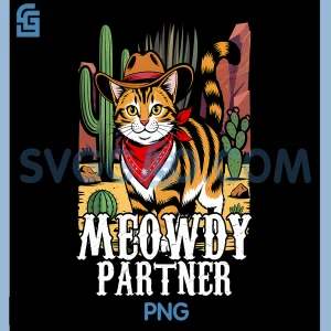 Partner Meowdy PNG, Funny Cat Vintage PNG