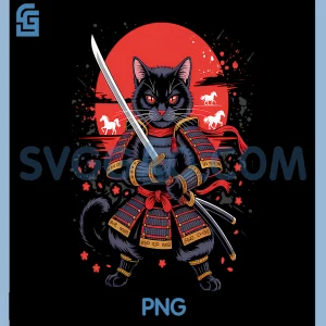 Japanese Samurai Ninja Cat PNG, Kawaii Tattoo Graphic Style PNG
