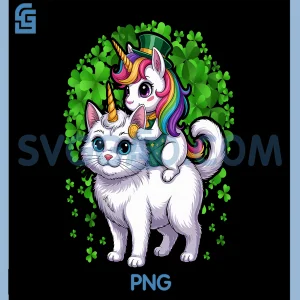 St. Patricks Day Unicorn Riding Cat PNG, Shamrocks Rainbow PNG