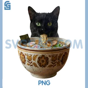 Black Cat Eating Ramen Japanese PNG, Kawaii Anime PNG