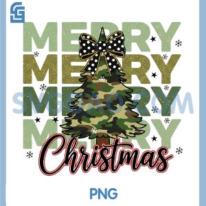 Camo Merry Christmas PNG, Camouflage Christmas Tree Coquette Bow PNG