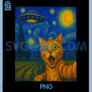Cat Selfie With UFO PNG, Cats Starry Night Van Gogh PNG