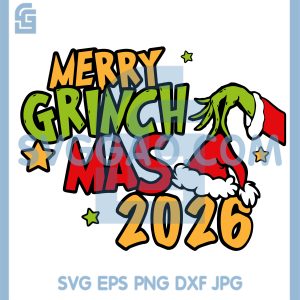 Merry Grinchmas 2026 Holiday Design SVG, Cute Grinch Hand Graphic SVG