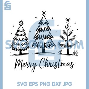 Vintage Merry Christmas Tree Line Art SVG, Hand Drawn Pine Forest SVG