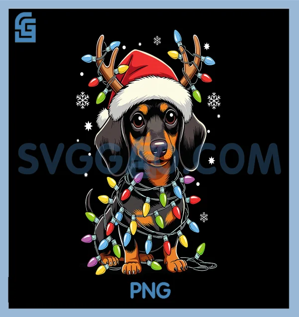 Funny Dachshund Christmas PNG, Lights Santa Hat Xmas PNG – SVGGAO