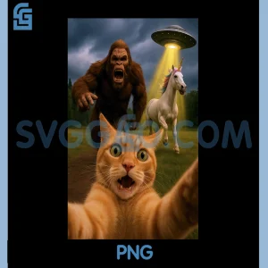 Graphic Cat Selfie with Bigfoot PNG, Unicorn Alien UFO PNG