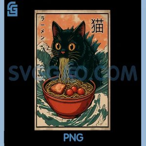 Cat Catzilla Eating Ramen PNG, Japanese Art Great Wave Kaiju Cat PNG