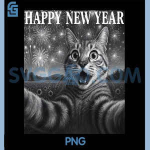 Cat Selfie With Firework PNG, Funny Cat Happy New Year PNG