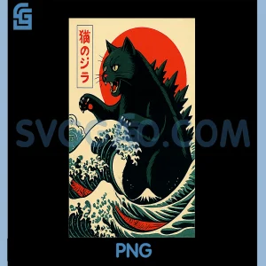 Catzila Funny PNG, Black Cat Kaiju PNG, Monster Japanese Art PNG