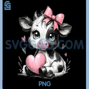 Cute Baby Cow with Pink PNG, Coquette Bow Holding Heart PNG