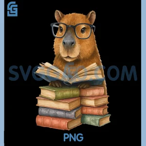Cute Capybara Reading Books PNG, Funny Animal Capybara Bookworms PNG