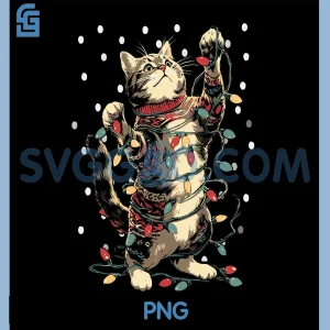 Cute Tabby Cat with Snow PNG, Christmas Lights Winter Kitten PNG
