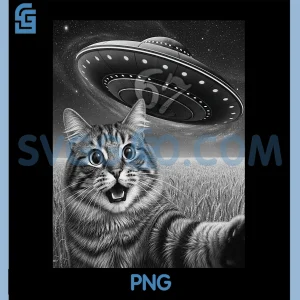 67 Cat Selfie with Alien UFO PNG, Funny Cat Six Seven Meme UFO PNG