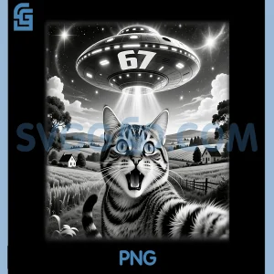 6 7 Cat Selfie UFO Alien PNG, Funny Six Seven Saying PNG