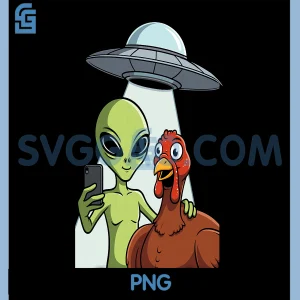 Alien Turkey Selfie PNG, Funny UFO Thanksgiving Xmas Abduction PNG