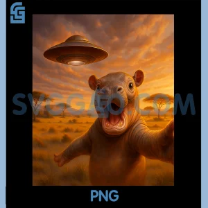 Baby Hippo UFO Selfie PNG, Funny Invasion Alien Art Humor PNG