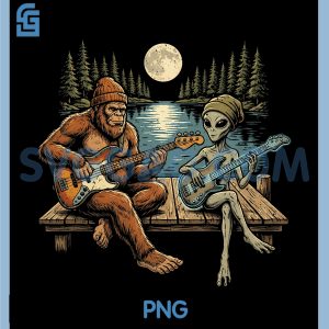 Bigfoot Alien Bass Guitar PNG, Jamming Lake Camping Moon Art PNG