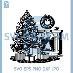 Christmas Tree Fireplace SVG, Vintage Holiday Living Room SVG