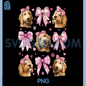Golden Doodle Goldendoodle PNG, Coquette Bow Pink PNG