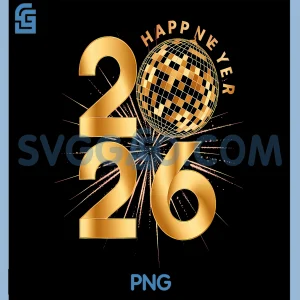 Happy New Year 2026 Celebration PNG, Gold Disco Ball Fireworks PNG
