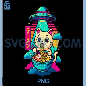Kawaii Cat Alien UFO Ramen Graphic PNG, Funny Japanese Anime PNG