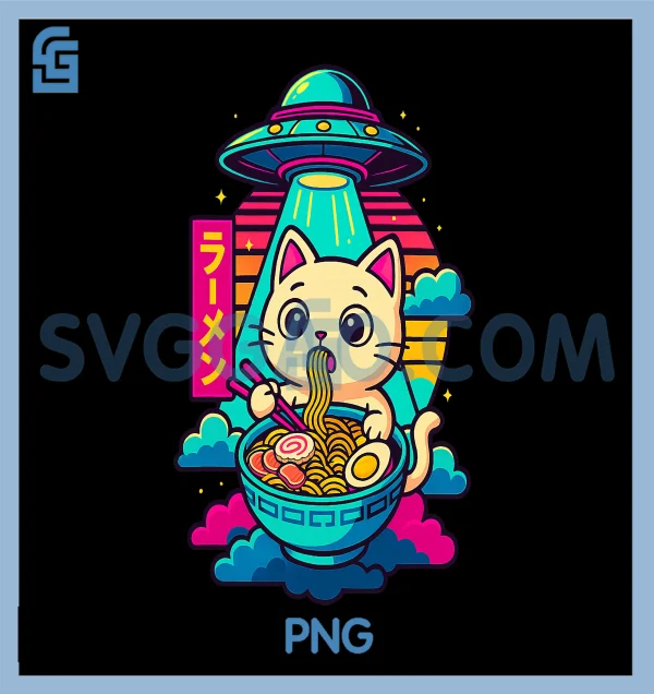 Kawaii Cat Alien UFO Ramen Graphic PNG, Funny Japanese Anime PNG – SVGGAO