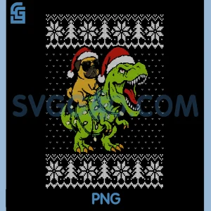 Pug Riding Dinosaur Christmas PNG, Ugly Holiday Dog PNG