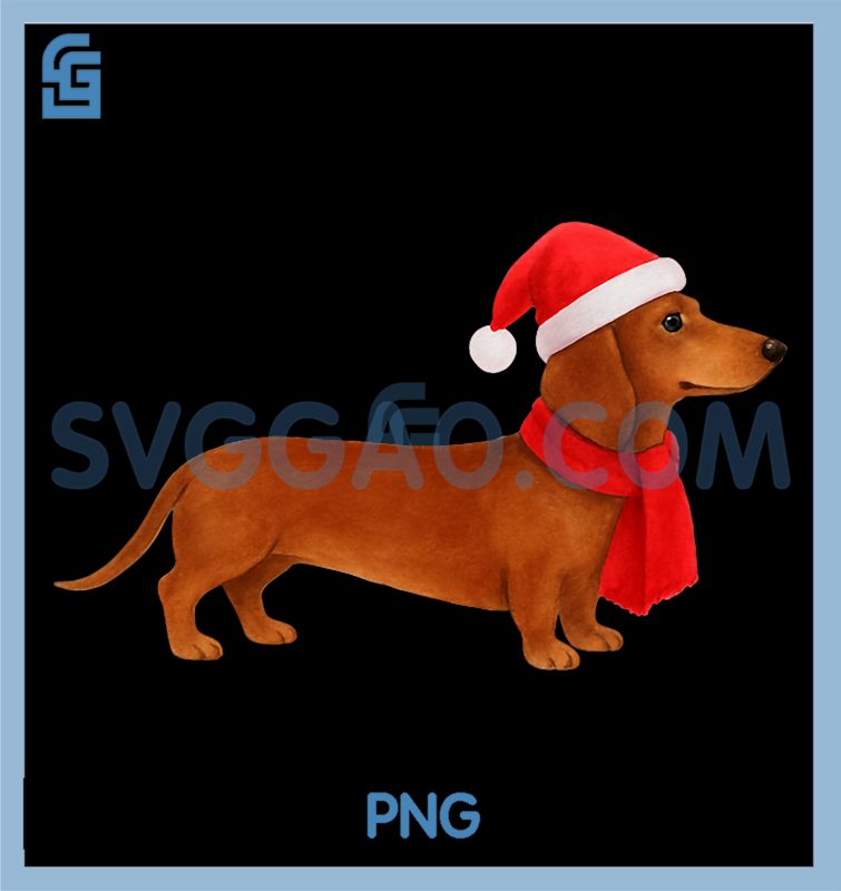 Smooth Brown Dachshund PNG, Santa Hat Christmas Doxie PNG