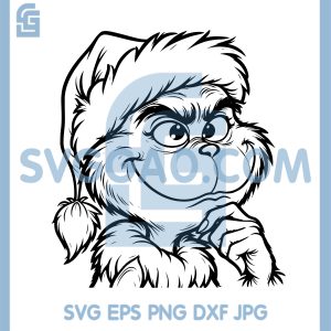 Grinch Style Thinking Christmas Face SVG, Santa Hat Line Art SVG