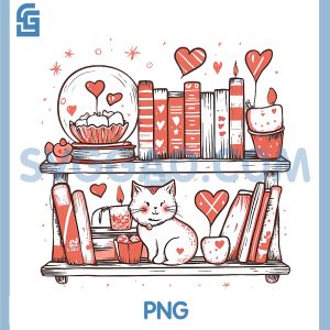 Valentine Day Bookshelf Cat PNG, Reading Book Bookish Librarian PNG