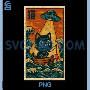 Japanese Anime Alien UFO PNG, Funny Kawaii Fishing Cat PNG