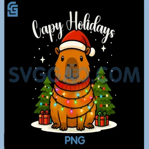 Capy Holidays PNG, Capybara Santa Hat PNG, Xmas Lights PNG